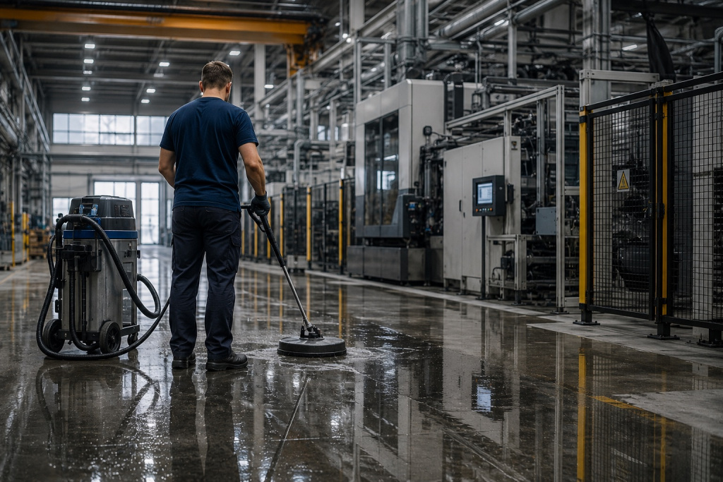 Reinigung eines Industriehallbodens mit einer Scheuersaugmaschine