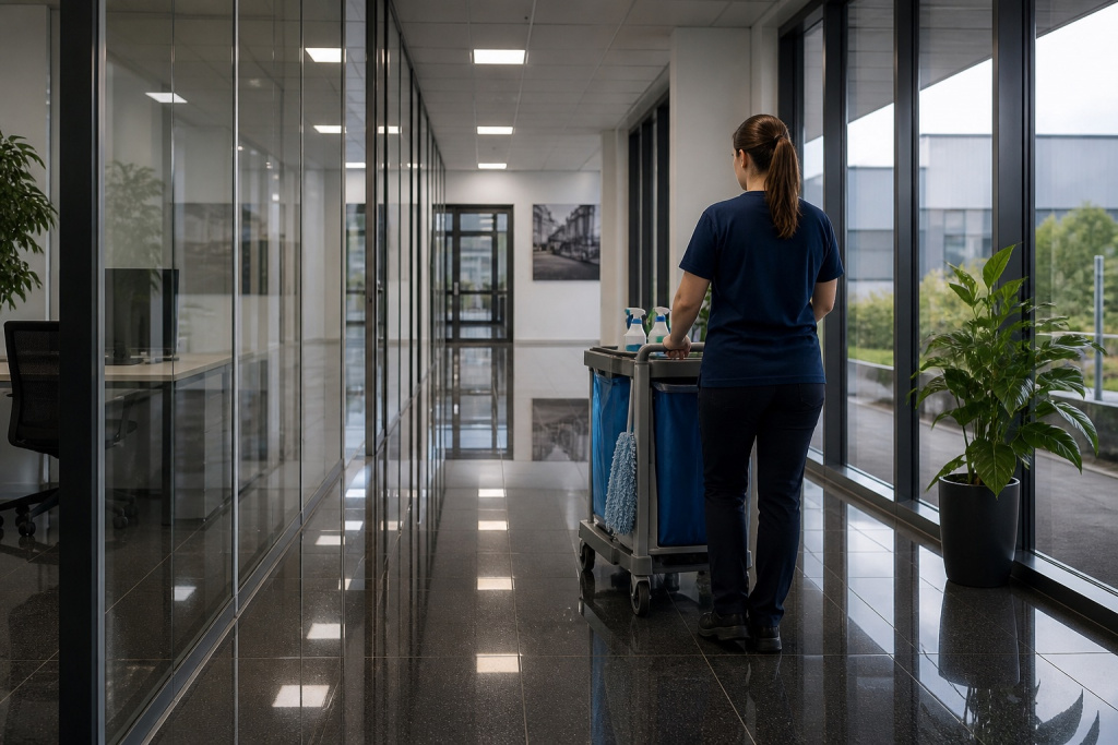 Reinigungskraft von cleanteam in einem modernen B&uuml;rogeb&auml;ude in Lauheim
