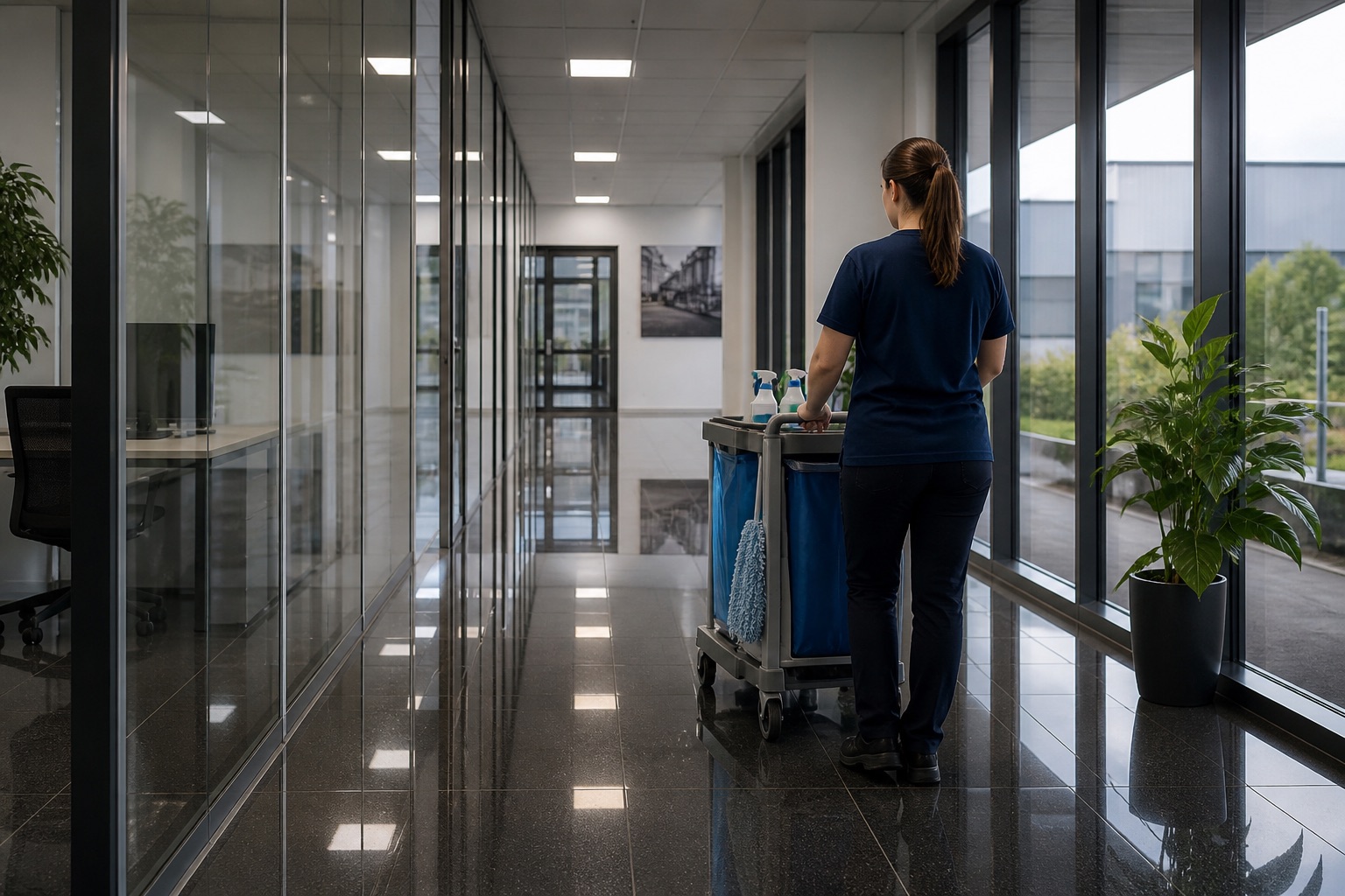 Reinigungskraft von cleanteam bei der Unterhaltsreinigung eines modernen Bürogebäudes in Laupheim